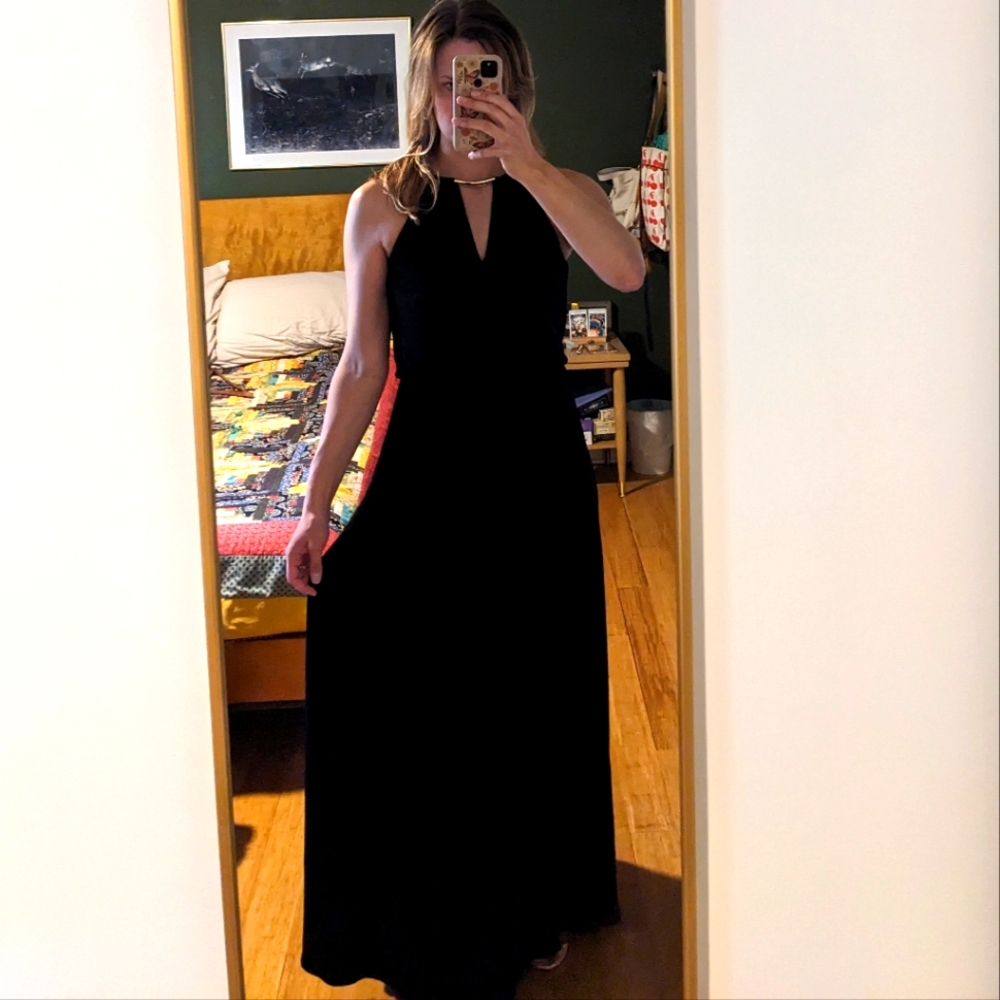 Calvin Klein black halter gown with gold detail